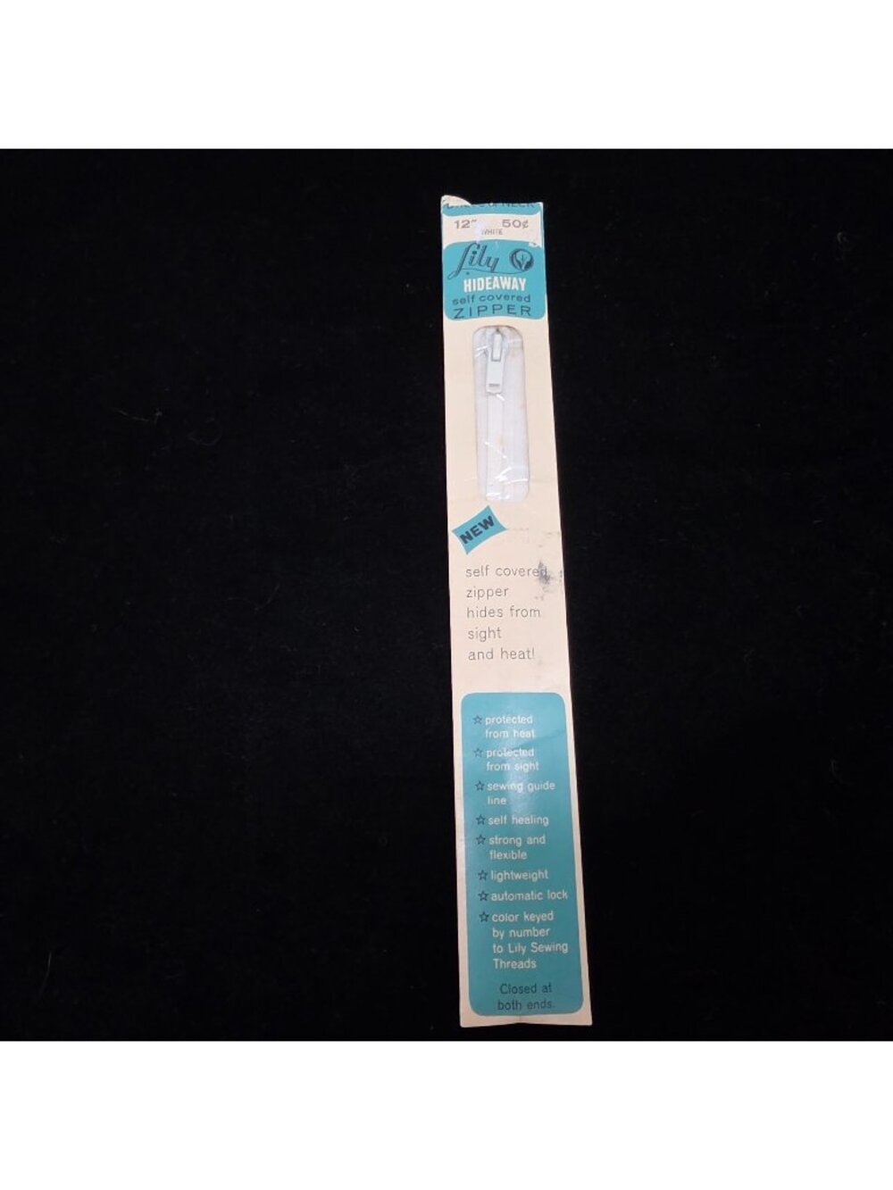 Lily Hideaway 12" White Self-Covered Zipper Sewing Notion Crafts Vintage